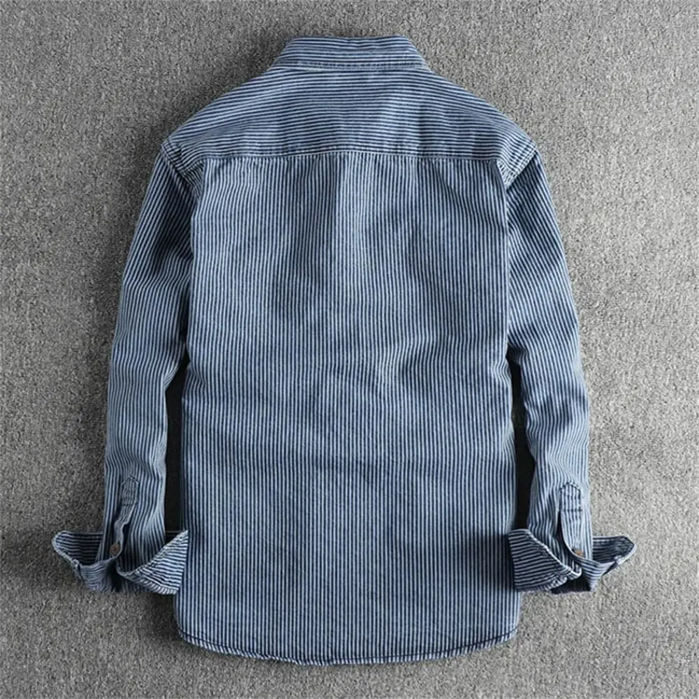 Mens Old Washed Striped Shirts Vintage Cargo Denim Shirt Long Sleeve American Casual Shirt Coat