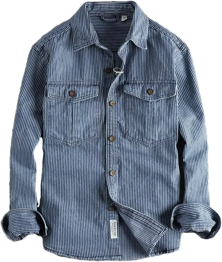 Mens Old Washed Striped Shirts Vintage Cargo Denim Shirt Long Sleeve American Casual Shirt Coat