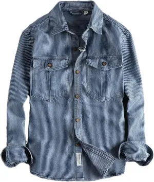 Mens Old Washed Striped Shirts Vintage Cargo Denim Shirt Long Sleeve American Casual Shirt Coat