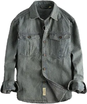 Mens Old Washed Striped Shirts Vintage Cargo Denim Shirt Long Sleeve American Casual Shirt Coat