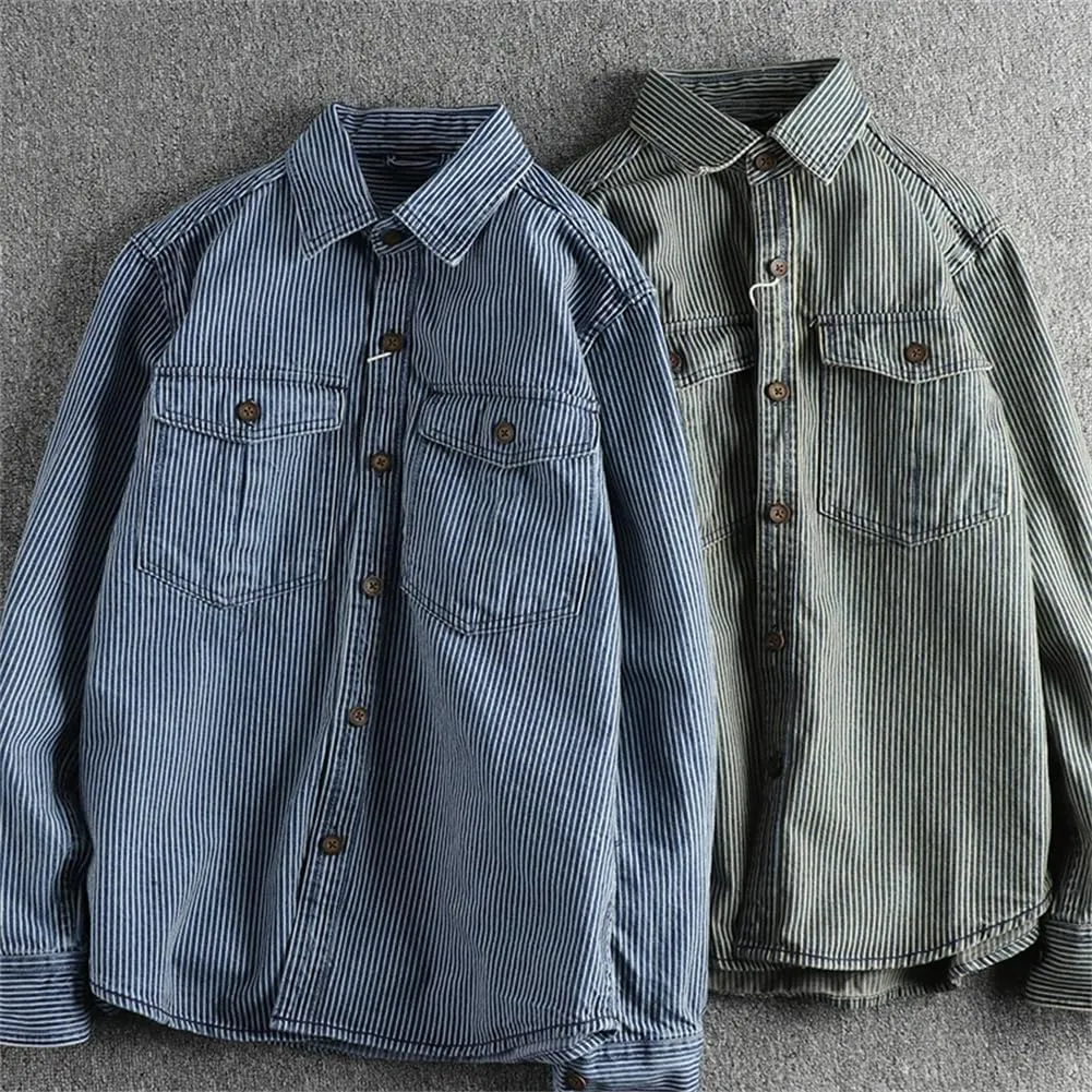 Mens Old Washed Striped Shirts Vintage Cargo Denim Shirt Long Sleeve American Casual Shirt Coat