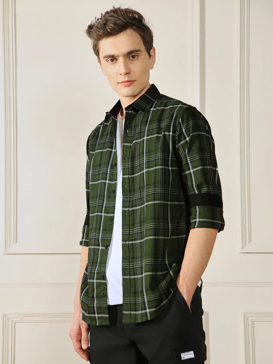 Men's Olive 100% Cotton Tartan checks Casual Shirt