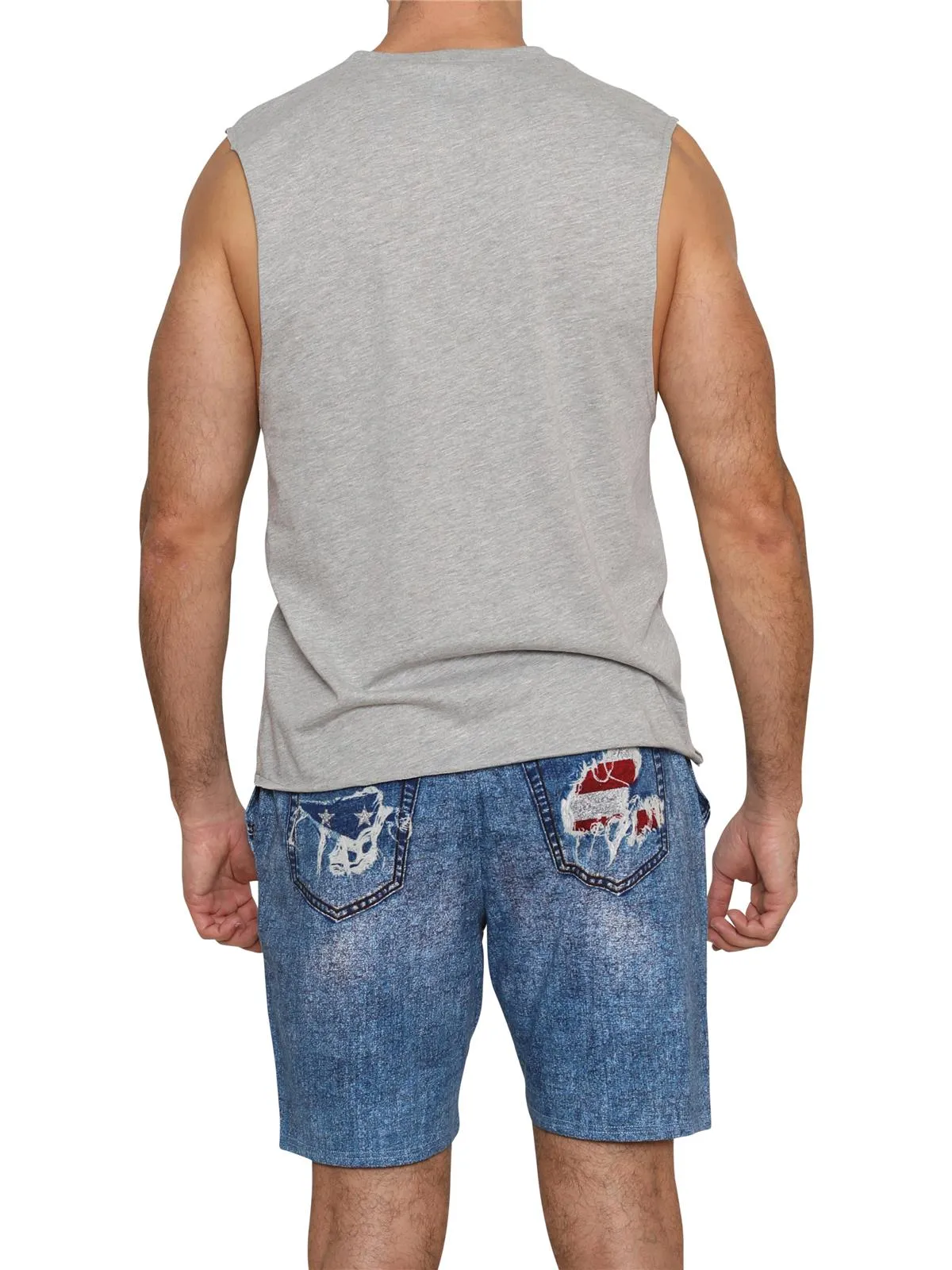 Men's Patriotic Pajama Lounge Tank Top And Faux Denim Shorts American Flag Loungewear
