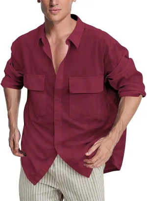 Mens Plus Size Cotton Linen Shirt with 2 Big Pockets Combat Outdoor Traveling Tops Long Sleeve Light Casual Versatile Shirts