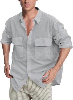 Mens Plus Size Cotton Linen Shirt with 2 Big Pockets Combat Outdoor Traveling Tops Long Sleeve Light Casual Versatile Shirts