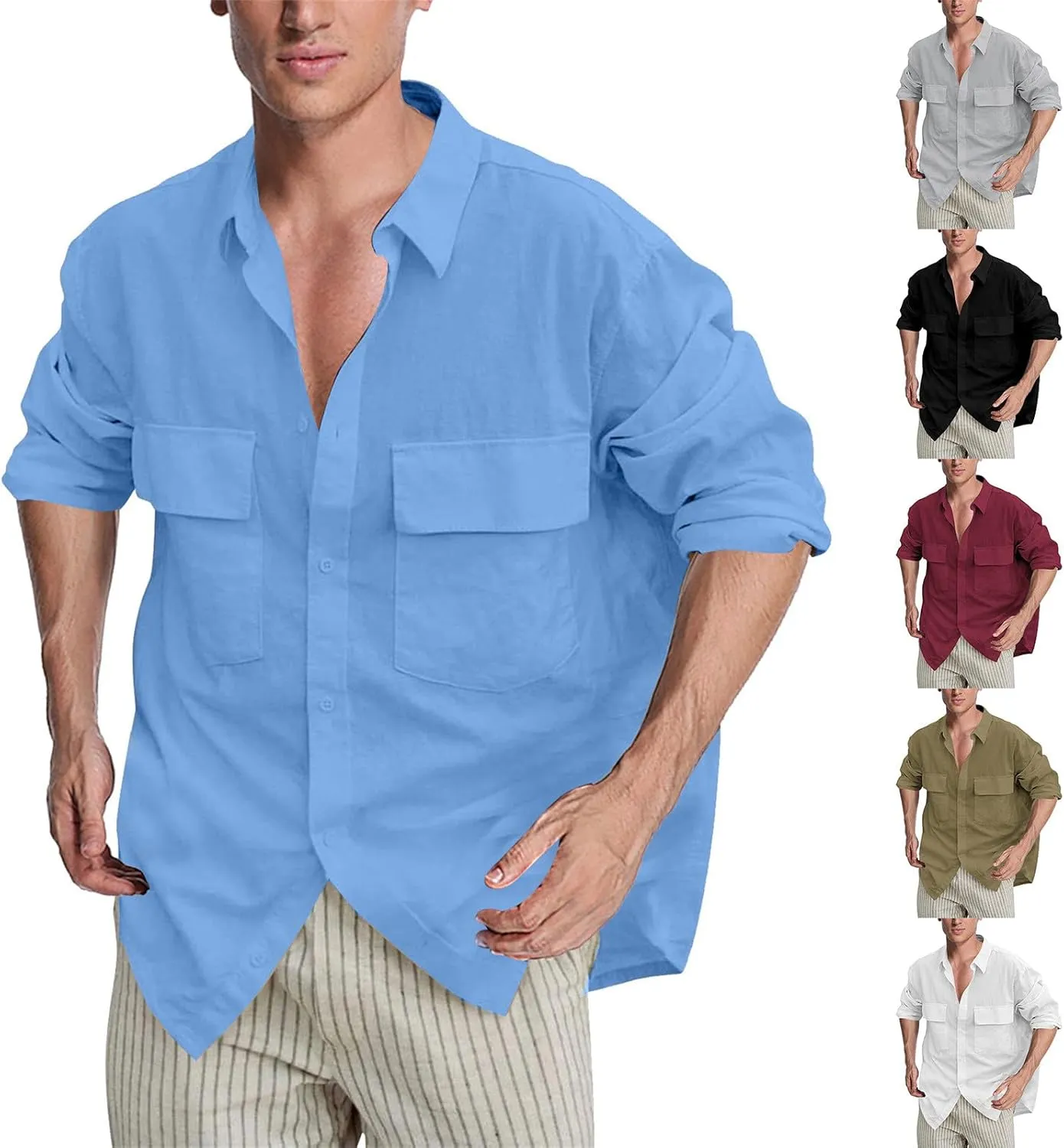 Mens Plus Size Cotton Linen Shirt with 2 Big Pockets Combat Outdoor Traveling Tops Long Sleeve Light Casual Versatile Shirts