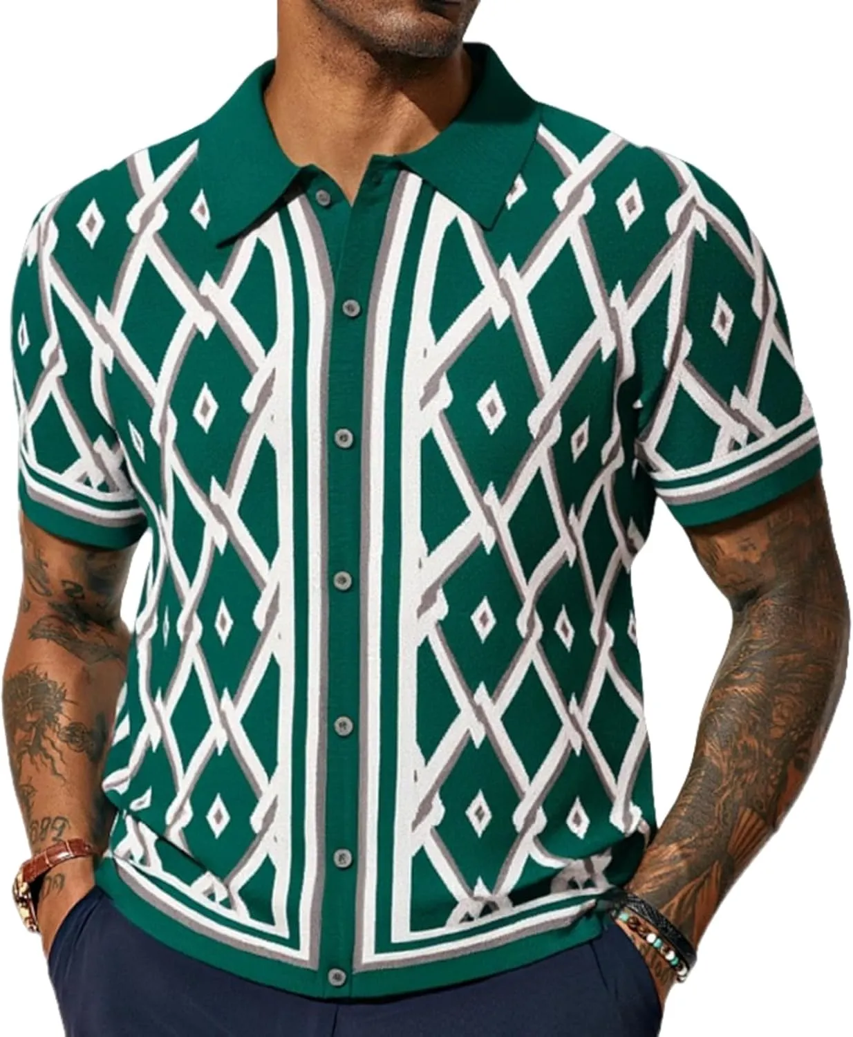 Men's Polo Shirts 70s Vintage Shirts, Business Casual Contrast Knitted Button Down Cardigan Polo Shirt