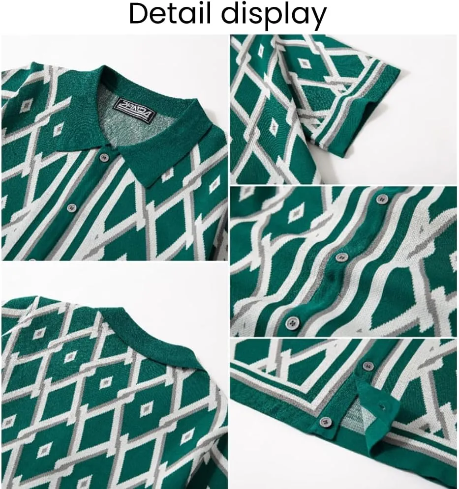 Men's Polo Shirts 70s Vintage Shirts, Business Casual Contrast Knitted Button Down Cardigan Polo Shirt