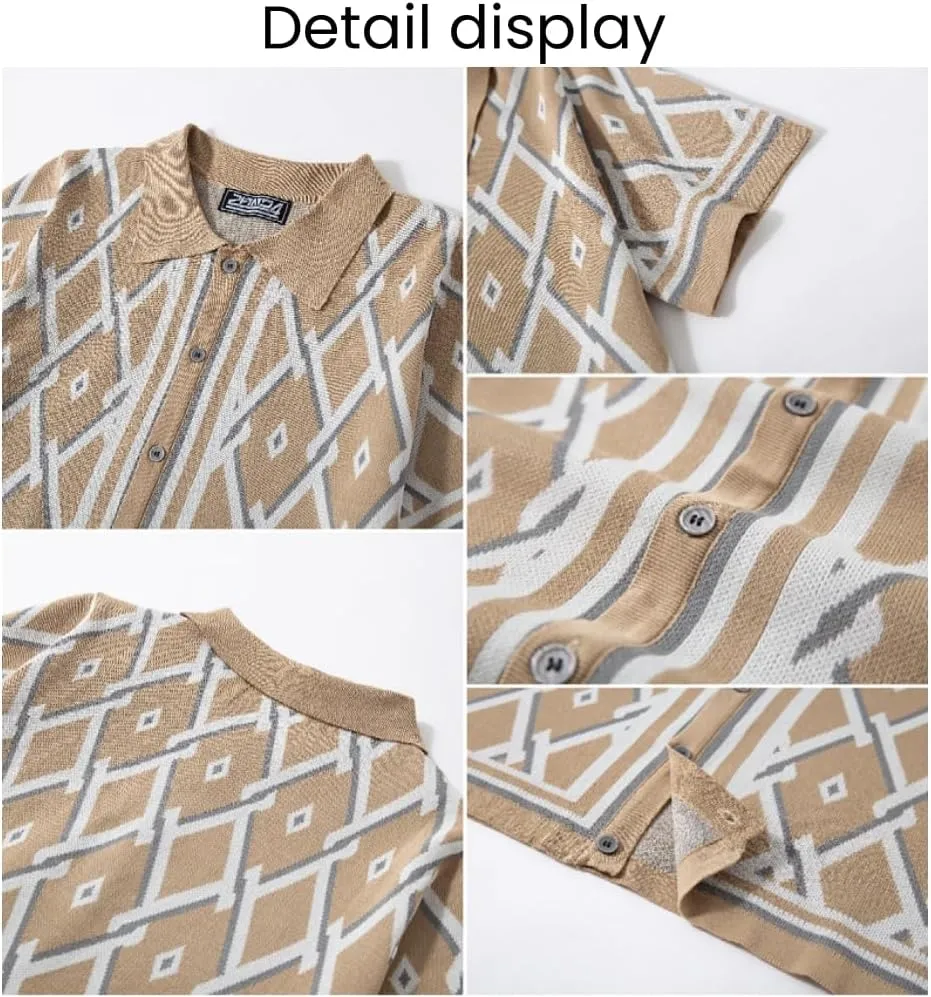 Men's Polo Shirts 70s Vintage Shirts, Business Casual Contrast Knitted Button Down Cardigan Polo Shirt