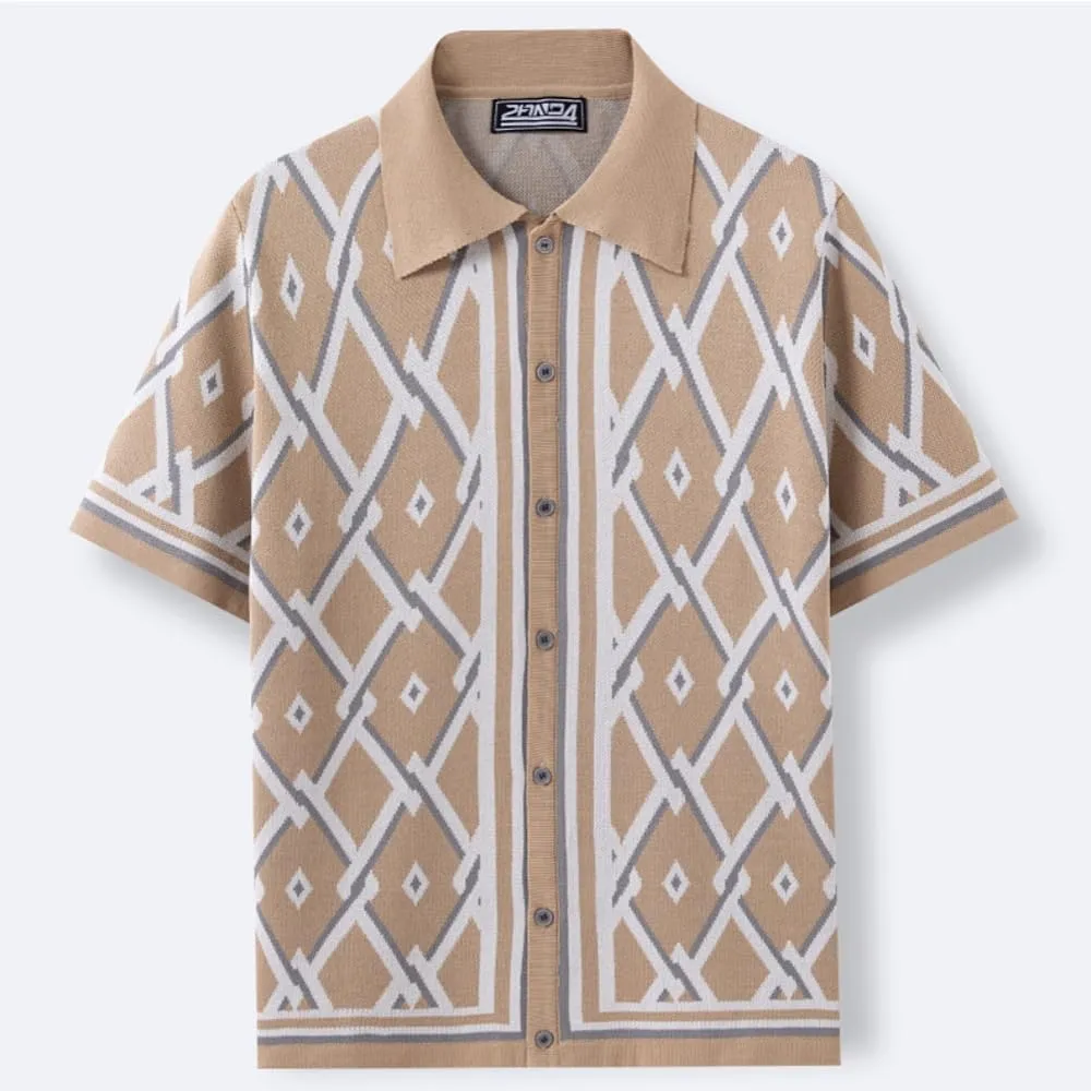 Men's Polo Shirts 70s Vintage Shirts, Business Casual Contrast Knitted Button Down Cardigan Polo Shirt
