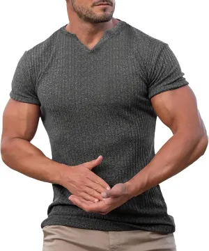 Men's Ribbed Knit T-Shirts Trendy Notched V Neck Slim Fit Muscle Shirt Athletic Bodybuilding Gym Workout Pullover Tees