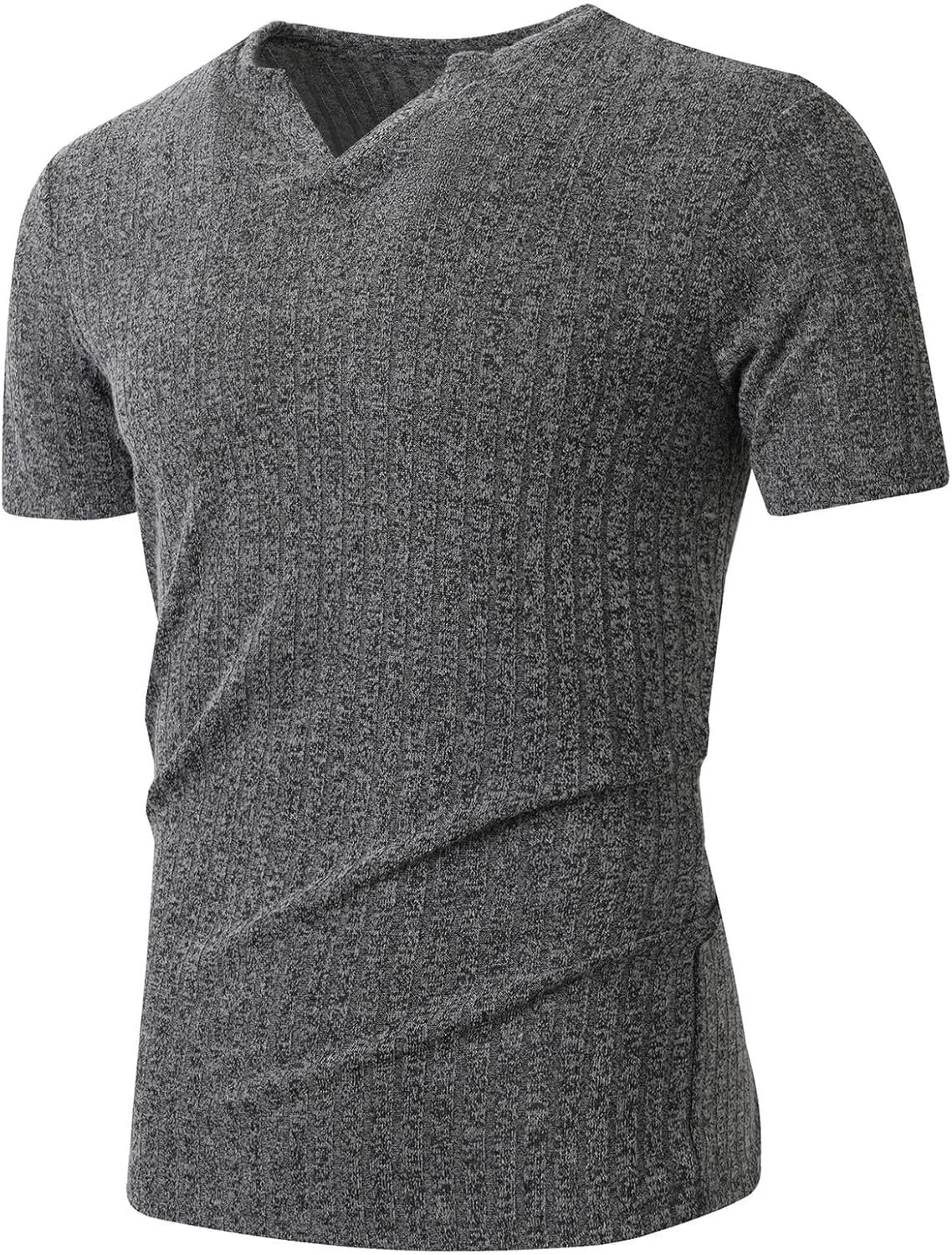 Men's Ribbed Knit T-Shirts Trendy Notched V Neck Slim Fit Muscle Shirt Athletic Bodybuilding Gym Workout Pullover Tees