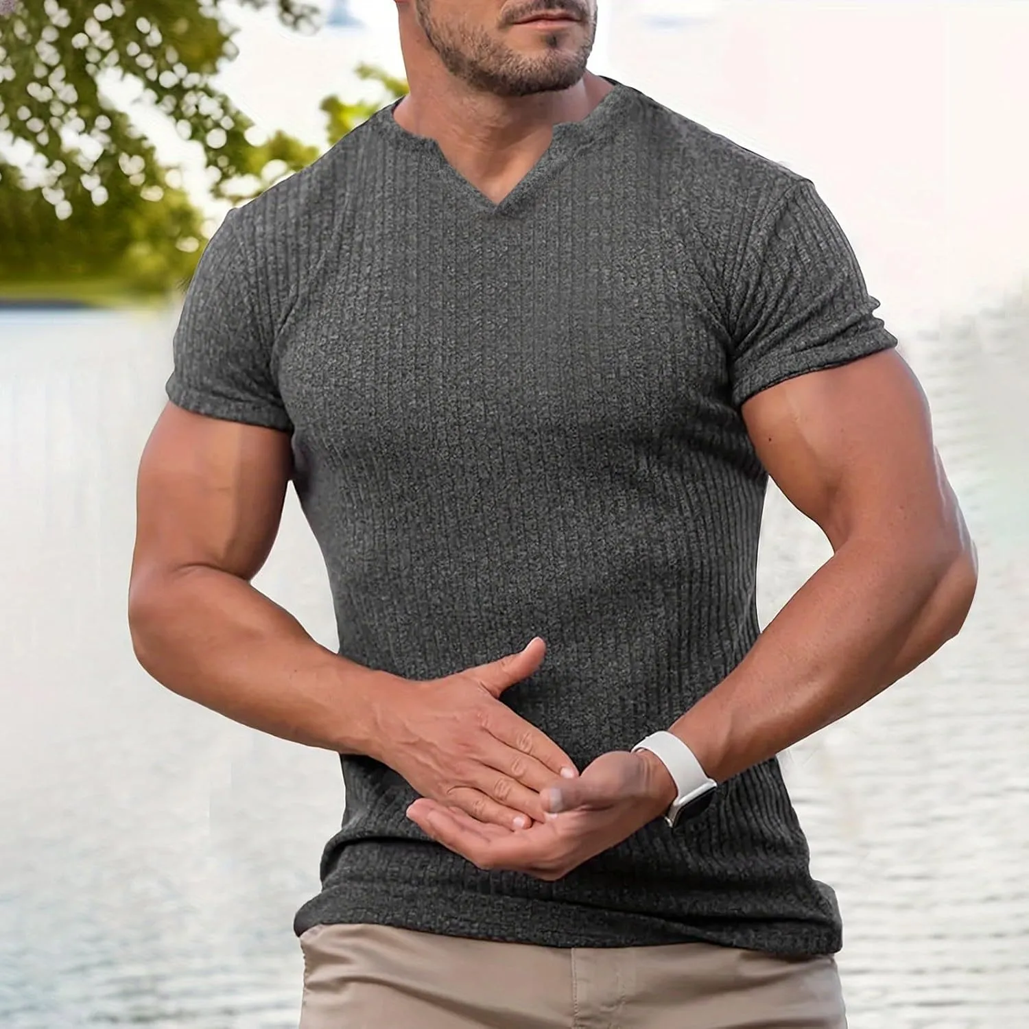 Men's Ribbed Knit T-Shirts Trendy Notched V Neck Slim Fit Muscle Shirt Athletic Bodybuilding Gym Workout Pullover Tees