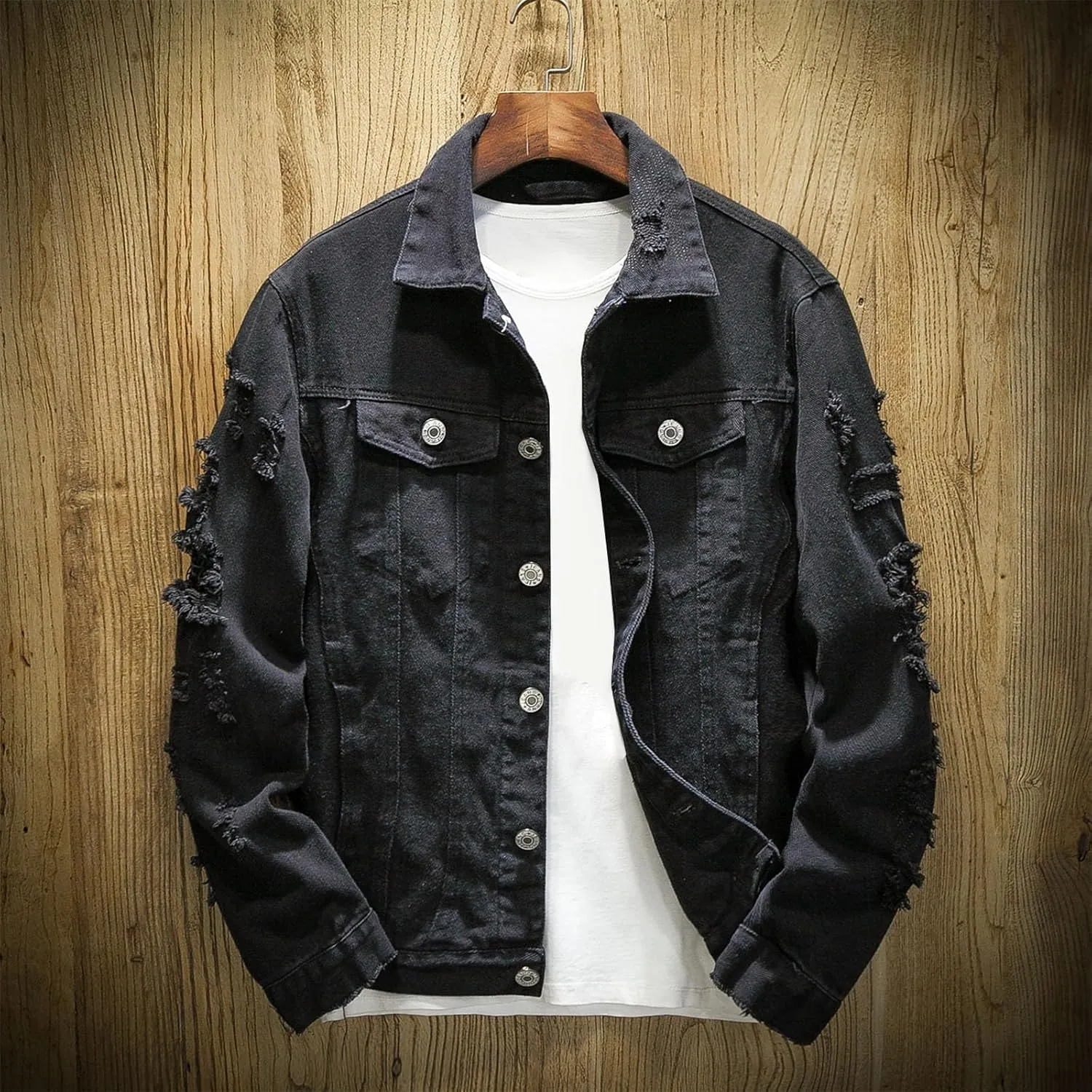 Mens Ripped Jacket Casual Distressed Vintage Trucker Style Denim Shirt Cowboy Cut Fashion Jean Coat Tops Chaqueta para Hombre