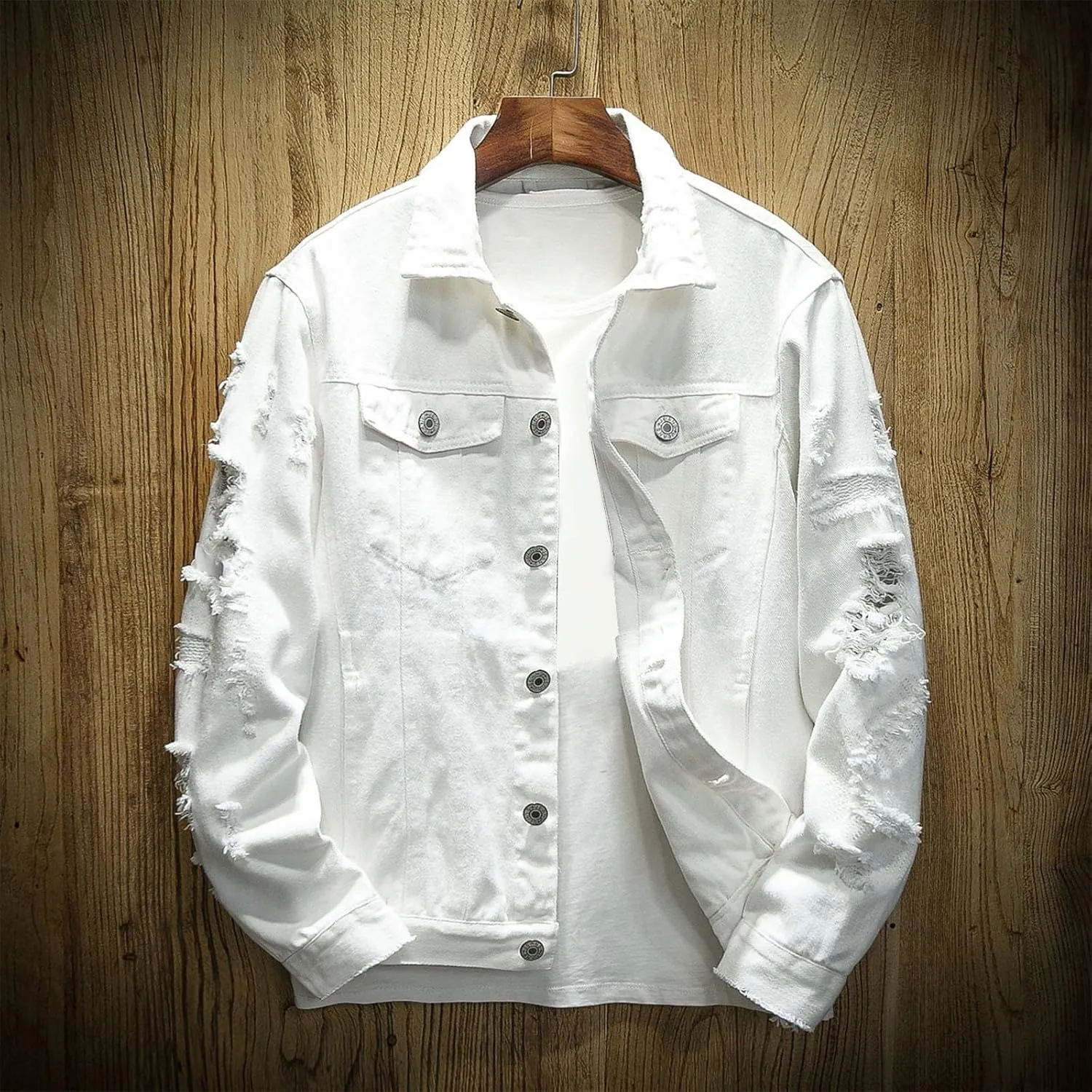 Mens Ripped Jacket Casual Distressed Vintage Trucker Style Denim Shirt Cowboy Cut Fashion Jean Coat Tops Chaqueta para Hombre