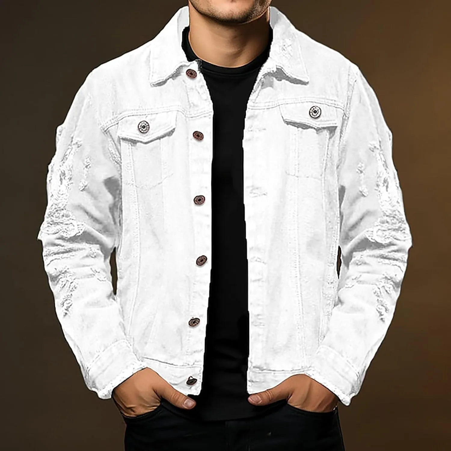 Mens Ripped Jacket Casual Distressed Vintage Trucker Style Denim Shirt Cowboy Cut Fashion Jean Coat Tops Chaqueta para Hombre