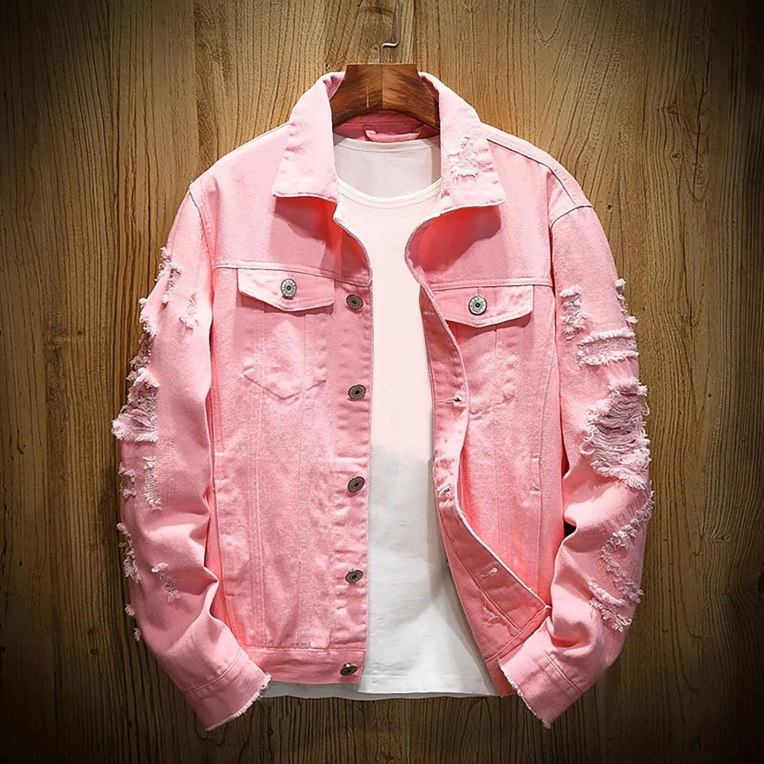 Mens Ripped Jacket Casual Distressed Vintage Trucker Style Denim Shirt Cowboy Cut Fashion Jean Coat Tops Chaqueta para Hombre