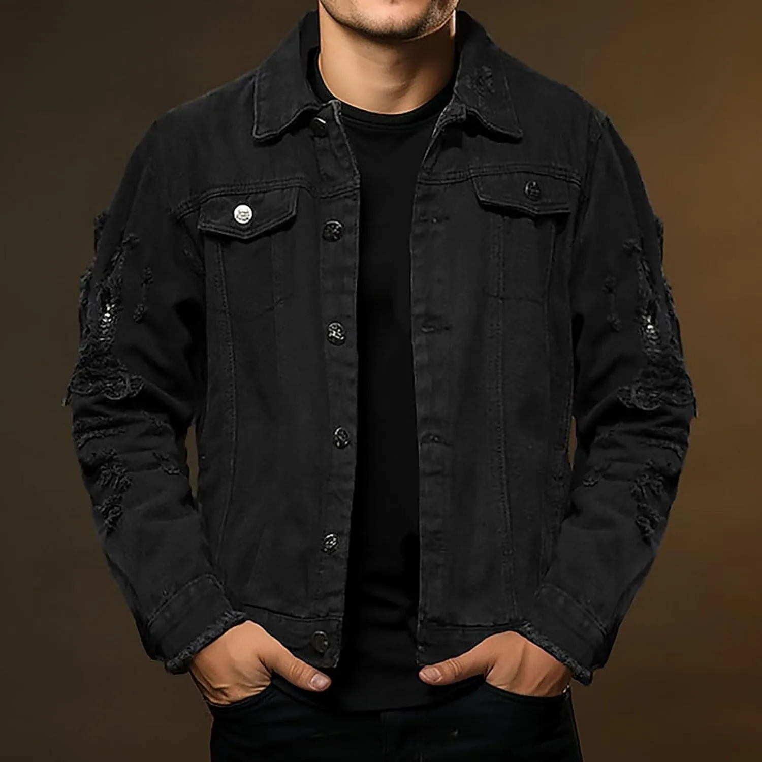 Mens Ripped Jacket Casual Distressed Vintage Trucker Style Denim Shirt Cowboy Cut Fashion Jean Coat Tops Chaqueta para Hombre