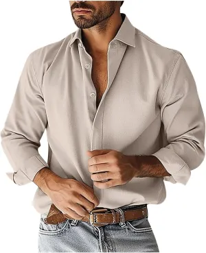 Mens Shirt Casual Lapel Solid Long Sleeves Button Down Cardigan T-Shirts Trendy Lightweight Loose Fit Relaxed Shirts