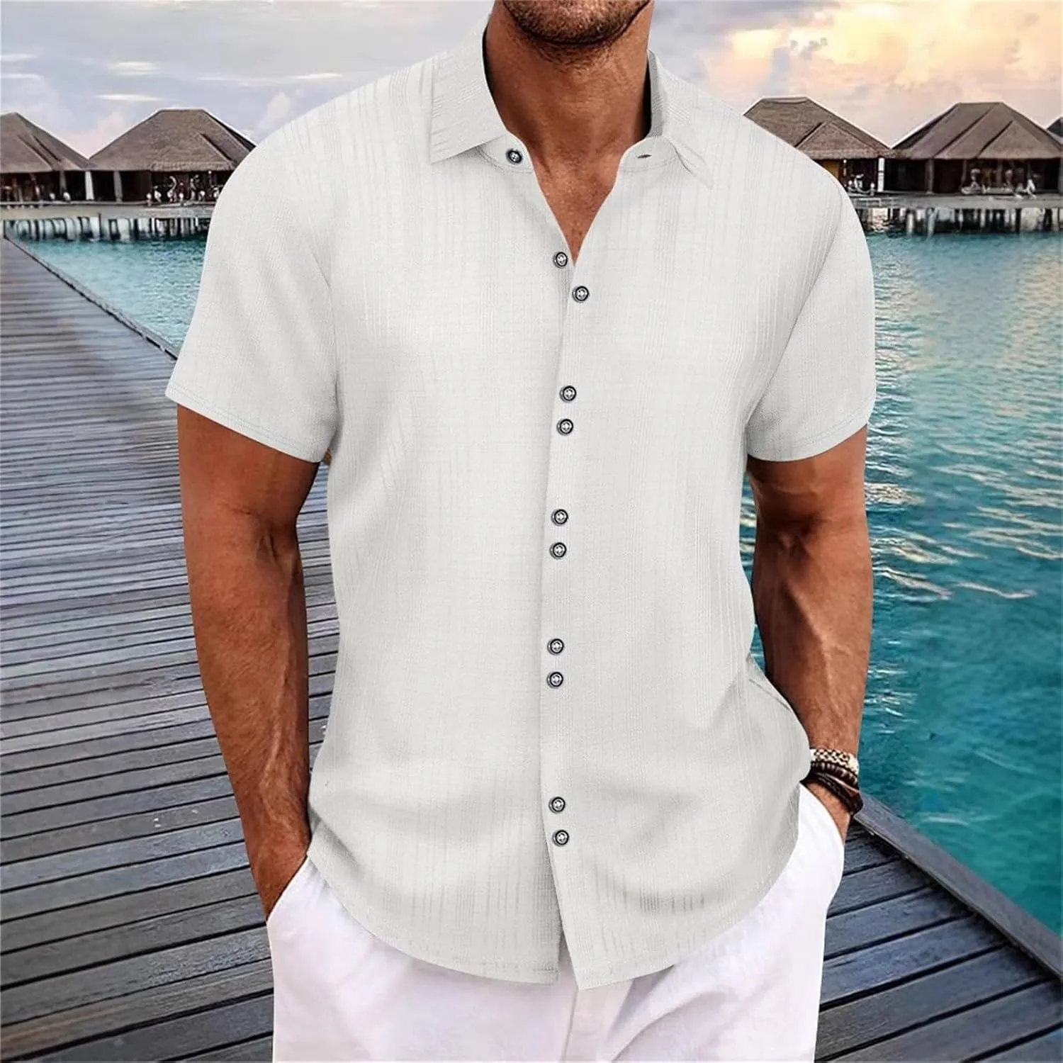 Men's Short Sleeve Button Down Shirt Summer Casual Lightweight Hipster Beach Wedding Shirts Stylish Hawaiian Tops