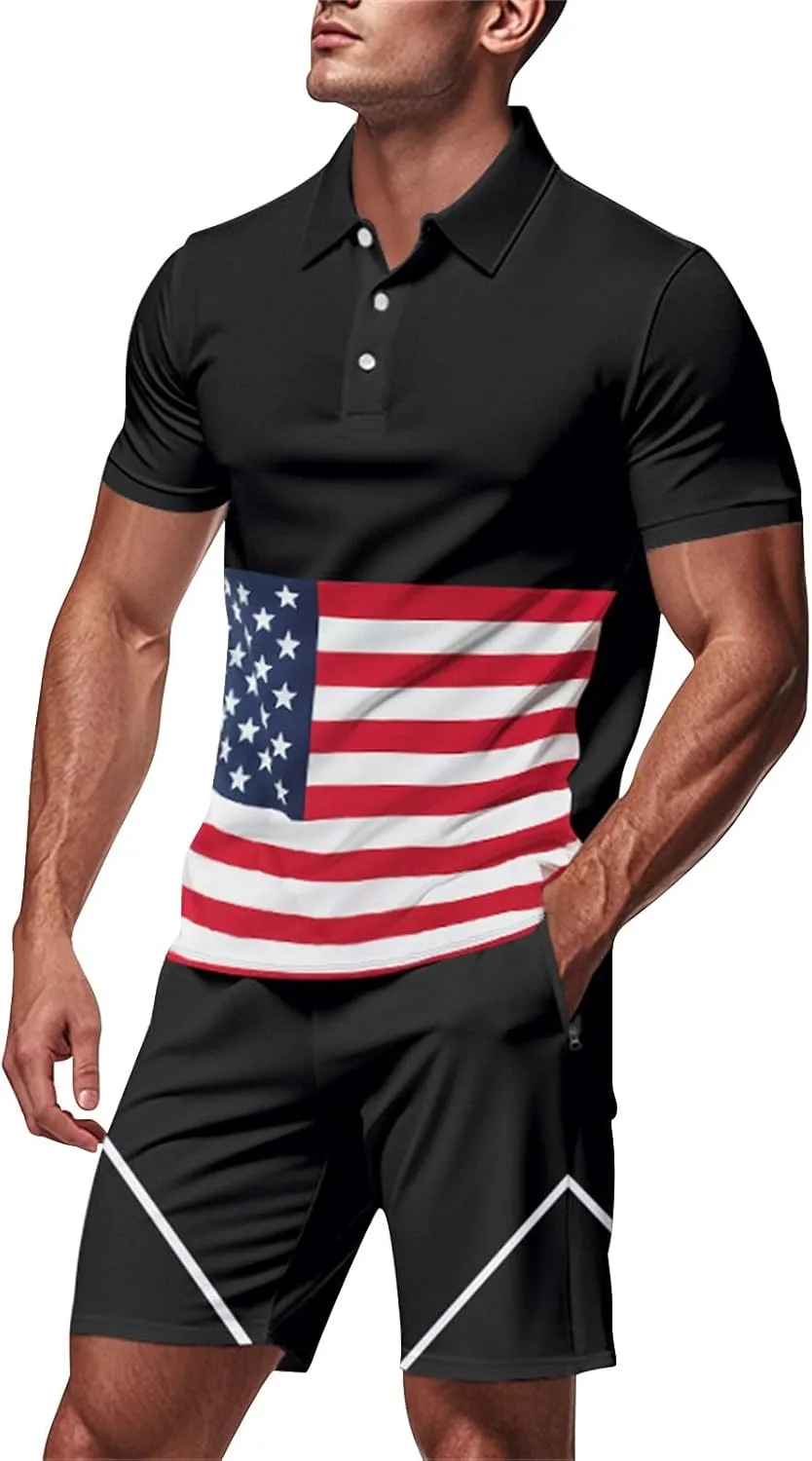 Mens Shorts Sets 2 Piece Outfits America Flag Golf Polo Shirts Short Sleeve Patriotic Athletic Gym Beach Fashion Tracksuit