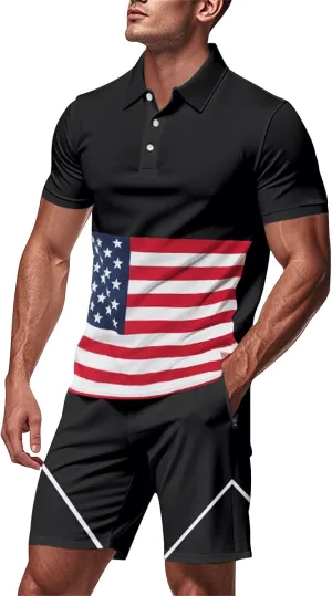 Mens Shorts Sets 2 Piece Outfits America Flag Golf Polo Shirts Short Sleeve Patriotic Athletic Gym Beach Fashion Tracksuit