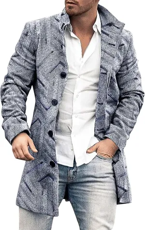 Mens Single Breasted Duffle Trench Coat Mid Length Winter Warm Winbreaker Pea Coat Notch Lapel Long Casual Overcoat