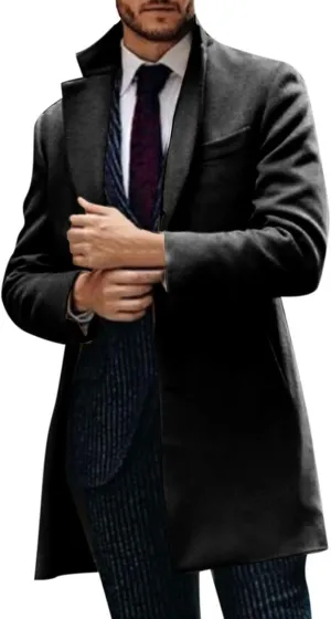 Mens Single Breasted Duffle Trench Coat Mid Length Winter Warm Winbreaker Pea Coat Notch Lapel Long Casual Overcoat