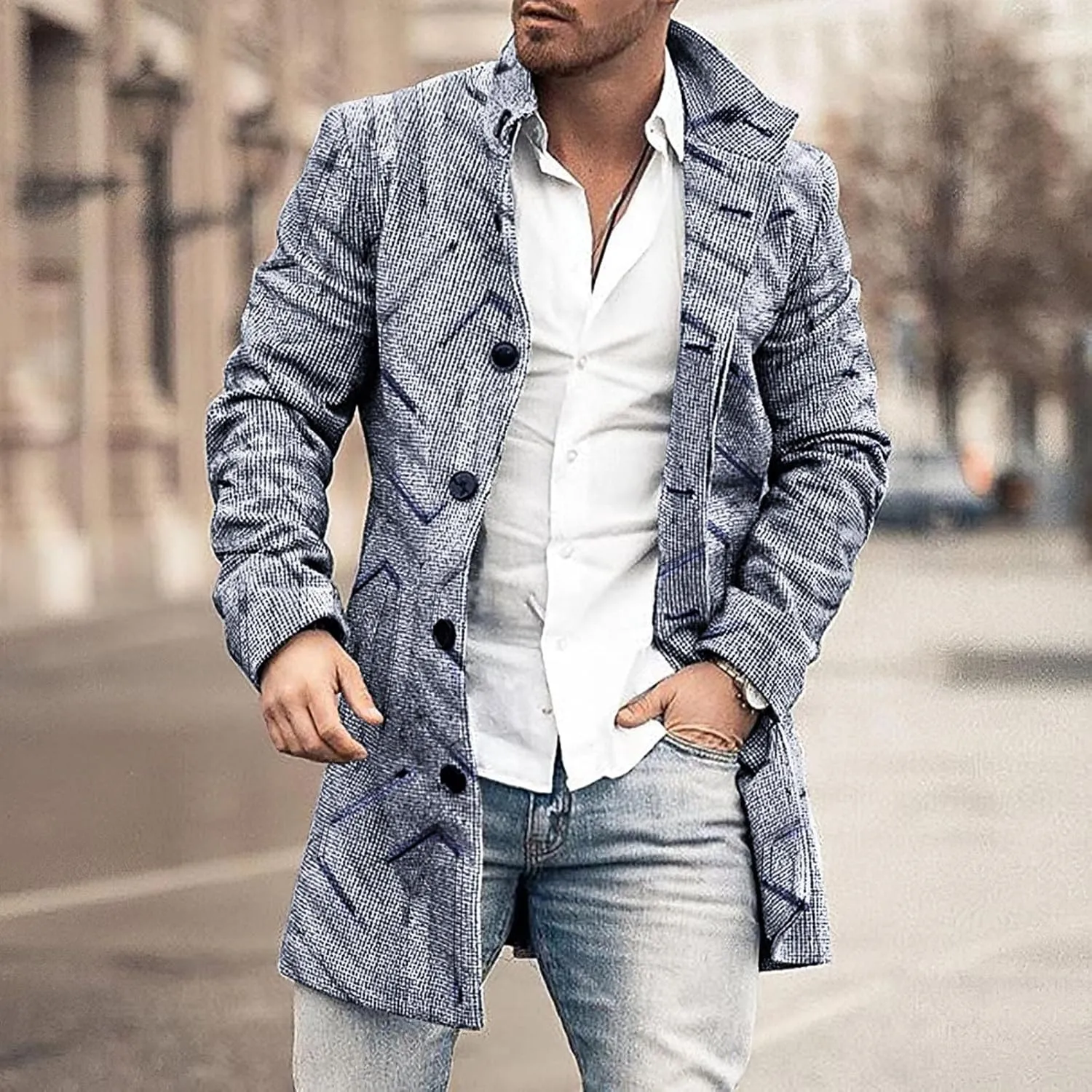 Mens Single Breasted Duffle Trench Coat Mid Length Winter Warm Winbreaker Pea Coat Notch Lapel Long Casual Overcoat