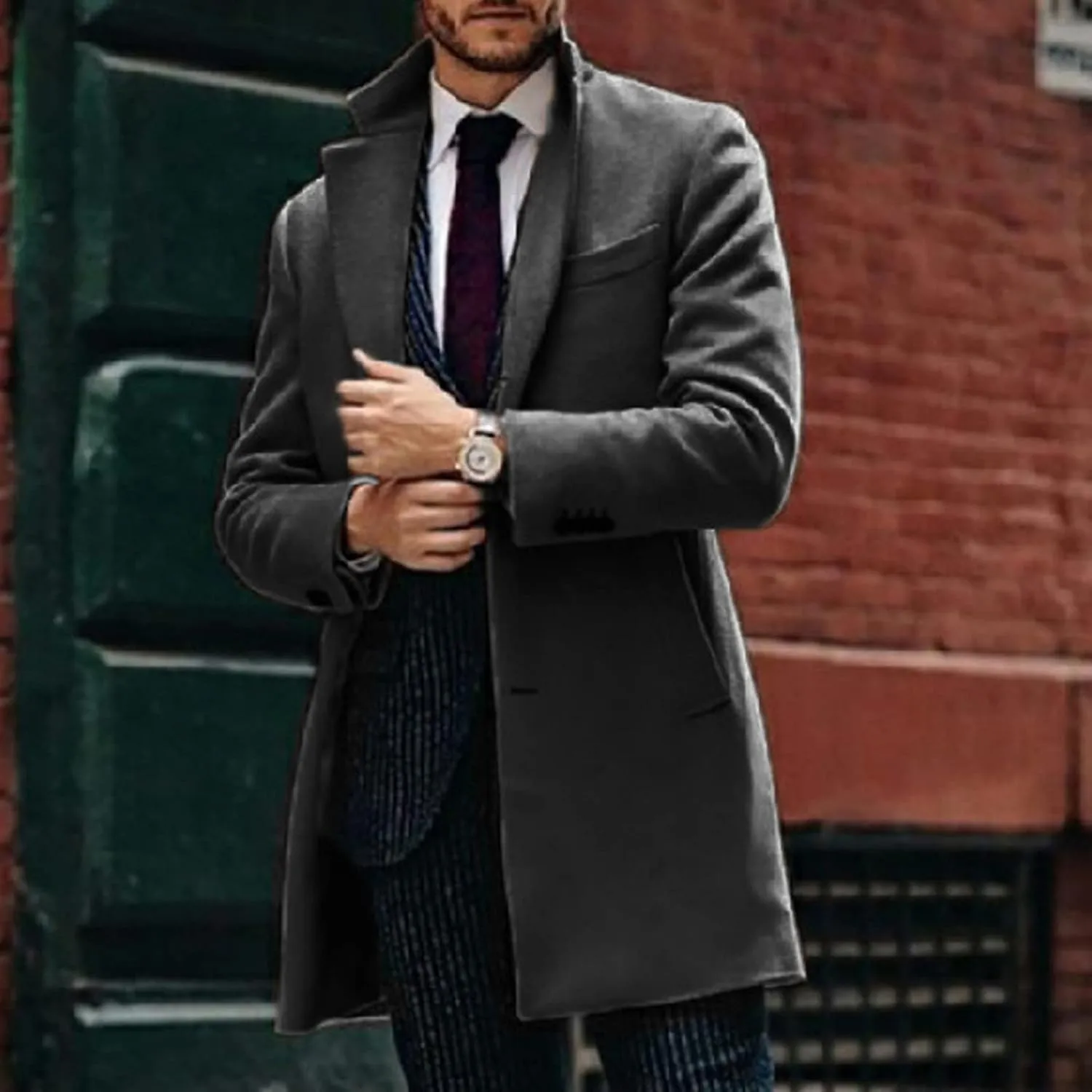 Mens Single Breasted Duffle Trench Coat Mid Length Winter Warm Winbreaker Pea Coat Notch Lapel Long Casual Overcoat