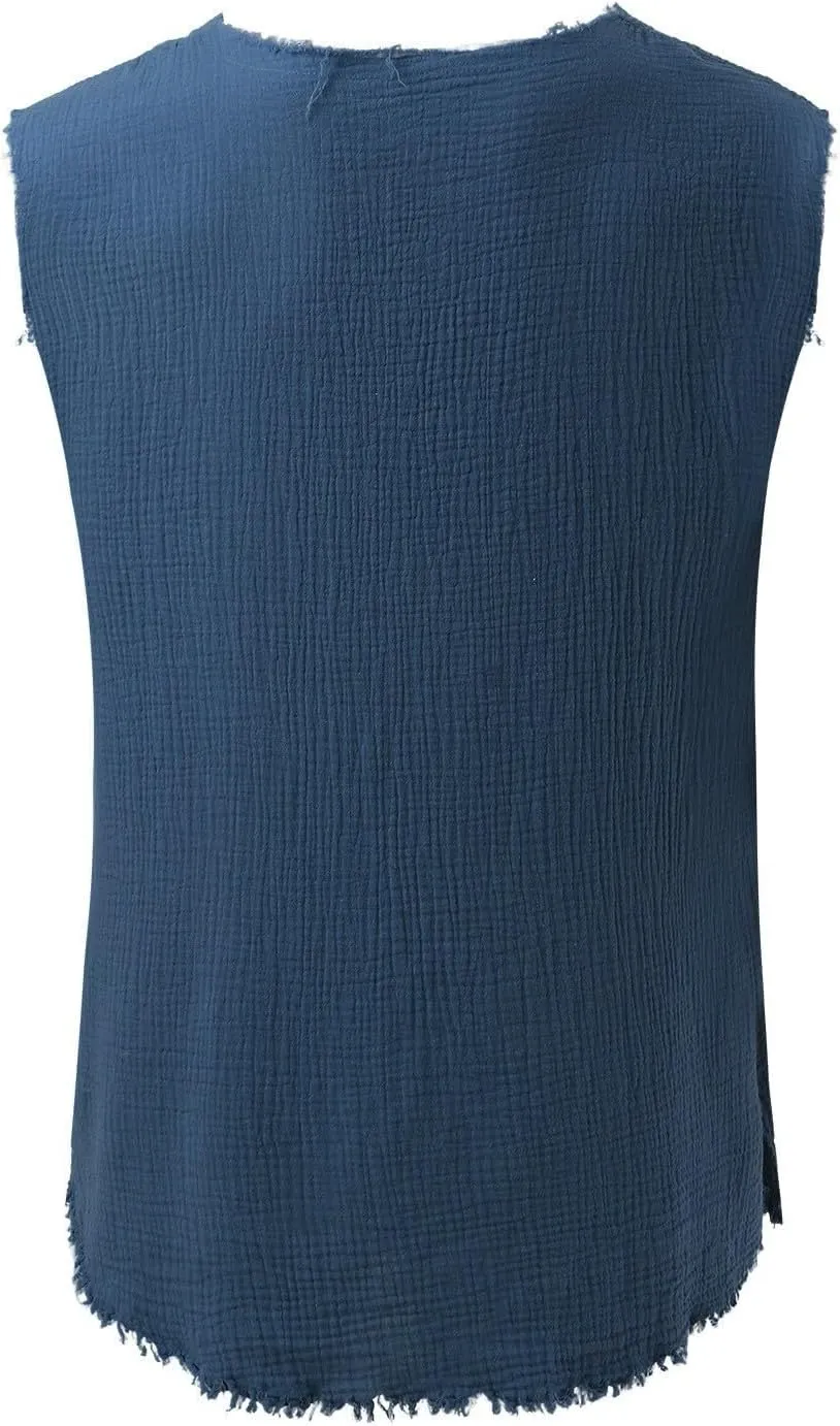 Mens Sleevess Summer Shirts Casual Cotton Linen Cut Off Muscle T-Shirt Vintage Raw Edge V-Neck Baggy Tank Tops Vest