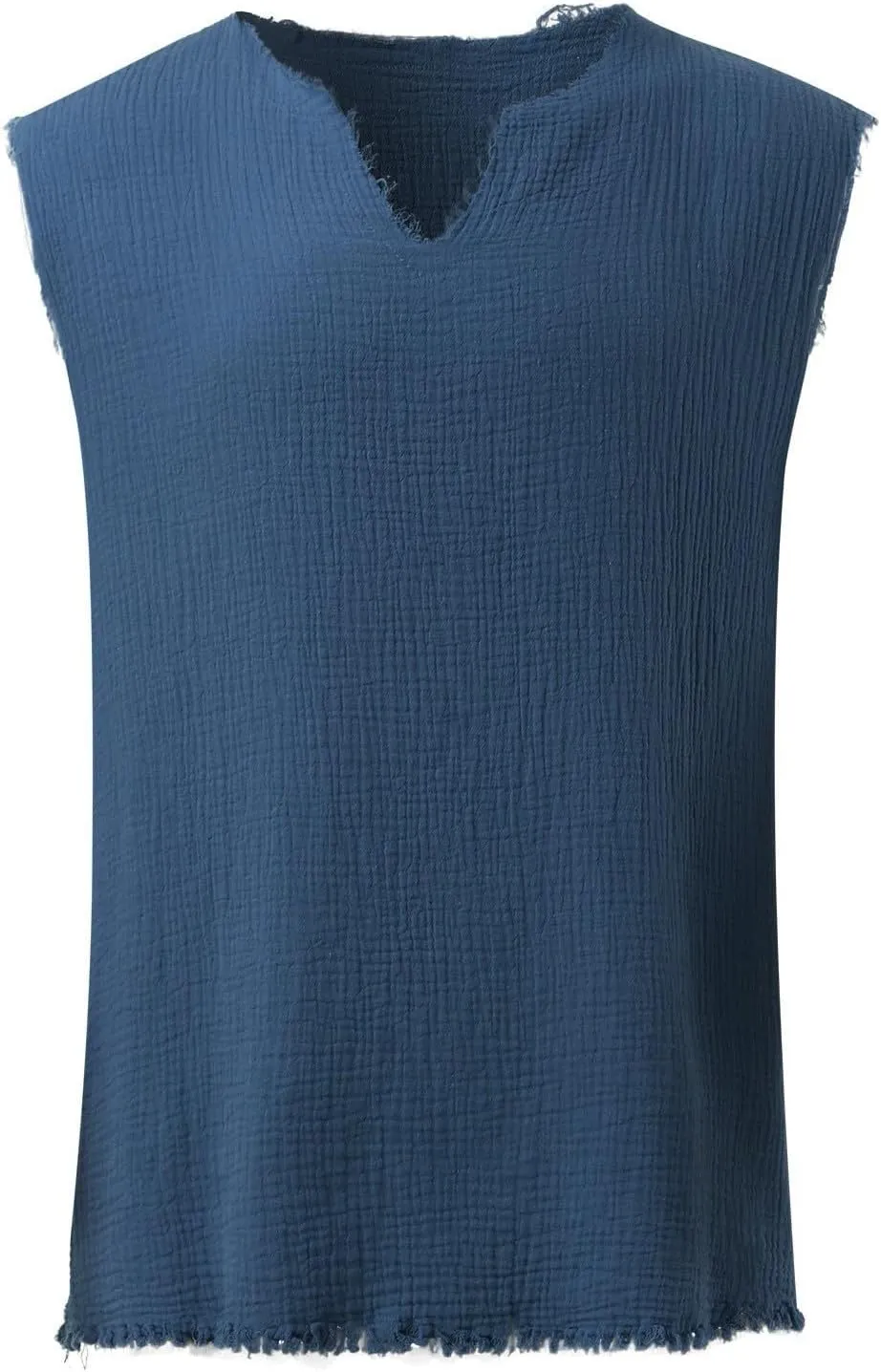 Mens Sleevess Summer Shirts Casual Cotton Linen Cut Off Muscle T-Shirt Vintage Raw Edge V-Neck Baggy Tank Tops Vest