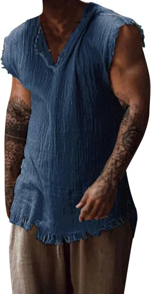 Mens Sleevess Summer Shirts Casual Cotton Linen Cut Off Muscle T-Shirt Vintage Raw Edge V-Neck Baggy Tank Tops Vest