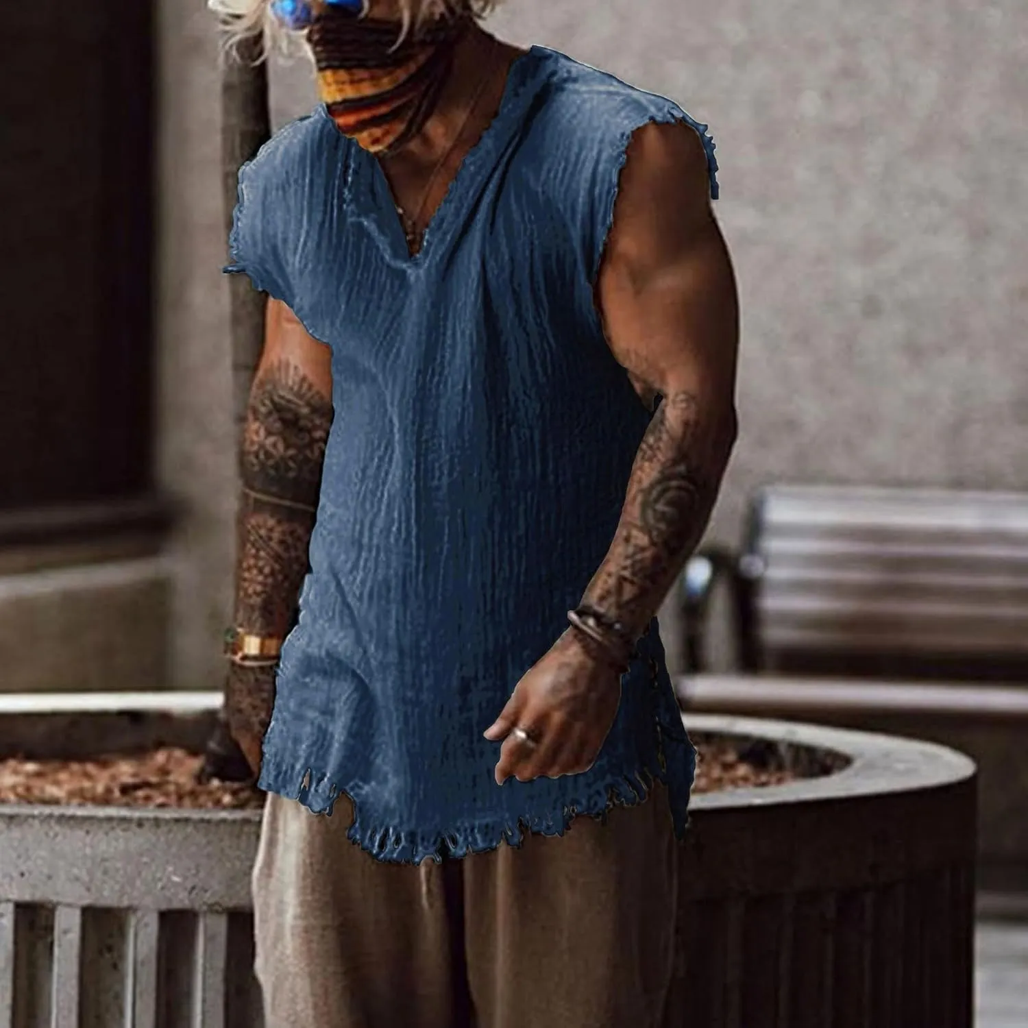Mens Sleevess Summer Shirts Casual Cotton Linen Cut Off Muscle T-Shirt Vintage Raw Edge V-Neck Baggy Tank Tops Vest
