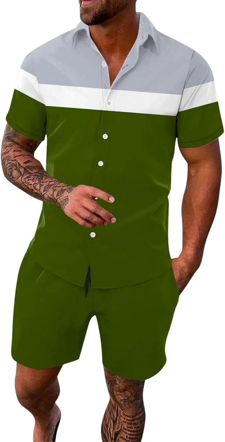 Men's Spring/summer Leisure Sports Hawaii Beach Style Stitching Stripe Print Short Sleeved Shirt Pants Two Mens