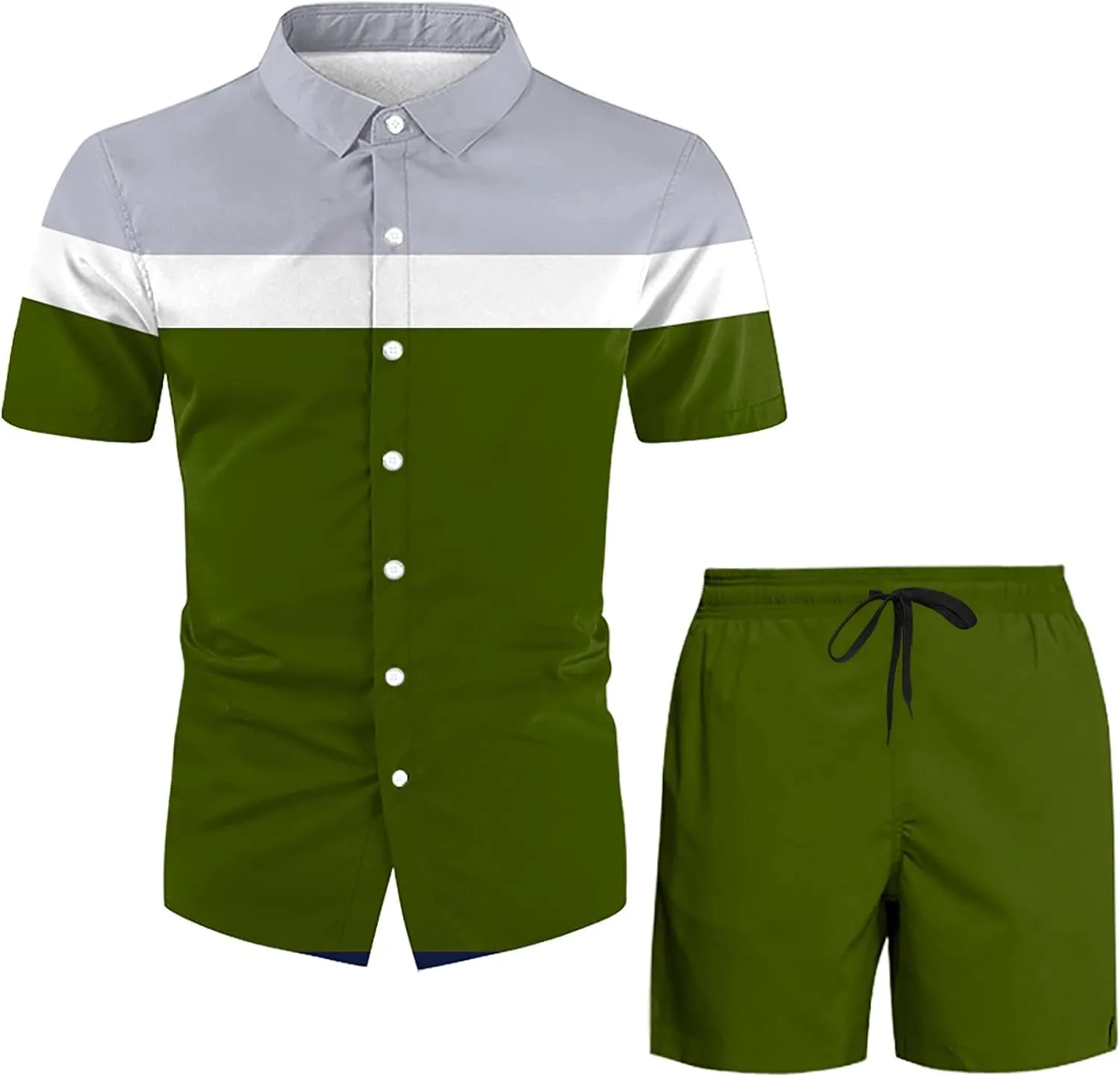 Men's Spring/summer Leisure Sports Hawaii Beach Style Stitching Stripe Print Short Sleeved Shirt Pants Two Mens
