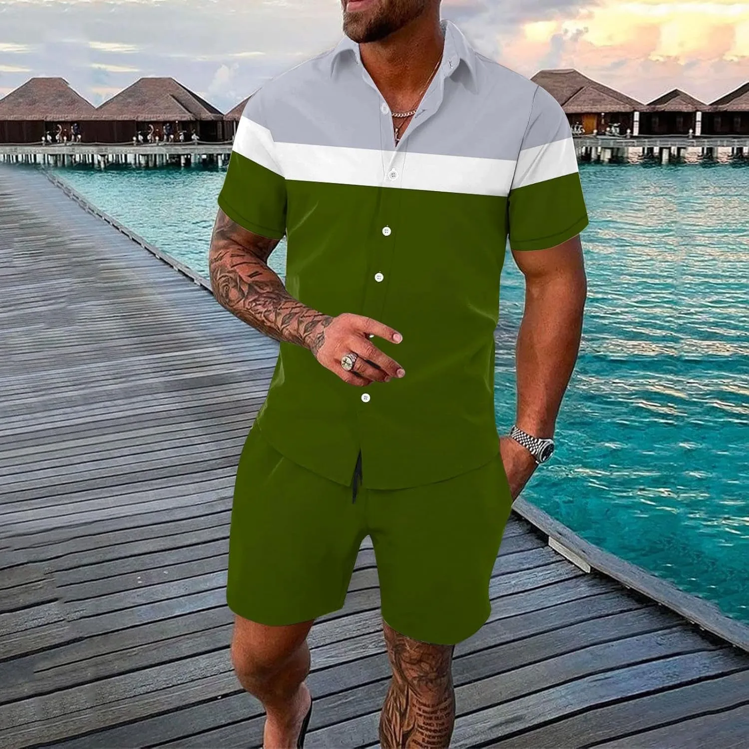 Men's Spring/summer Leisure Sports Hawaii Beach Style Stitching Stripe Print Short Sleeved Shirt Pants Two Mens