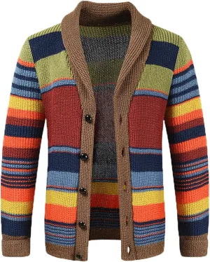 Mens Striped Sweaters Fall Colorful Knit Sweater Long Sleeve Button Down Sweatshirts Casual Cardigan Sweaters