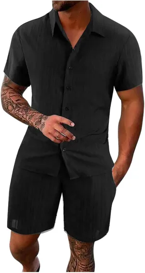 Mens Summer 2 Piece Outfits for Vacation Beach Hawaiian Short Sleeve Button Down Cotton Linen Cuban Shirts and Shorts Sets