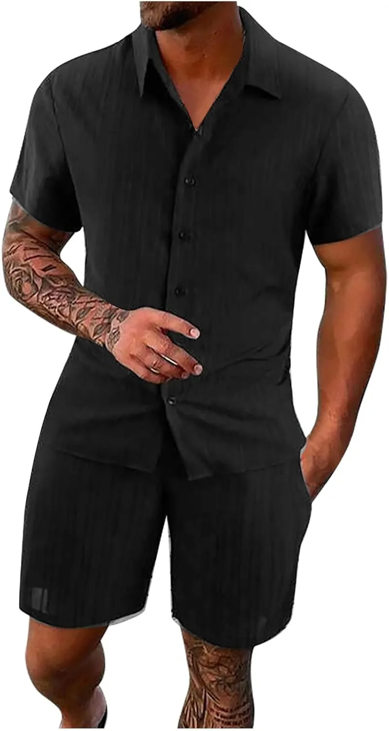 Mens Summer 2 Piece Outfits for Vacation Beach Hawaiian Short Sleeve Button Down Cotton Linen Cuban Shirts and Shorts Sets