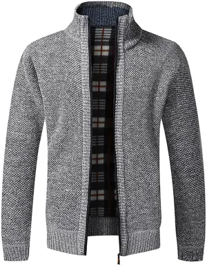 Mens Sweater Cardigan Zip Up Cable Knit Stand Collar Sweater Coat Regular Fit Fleece Lined Winter Warm Knitwear