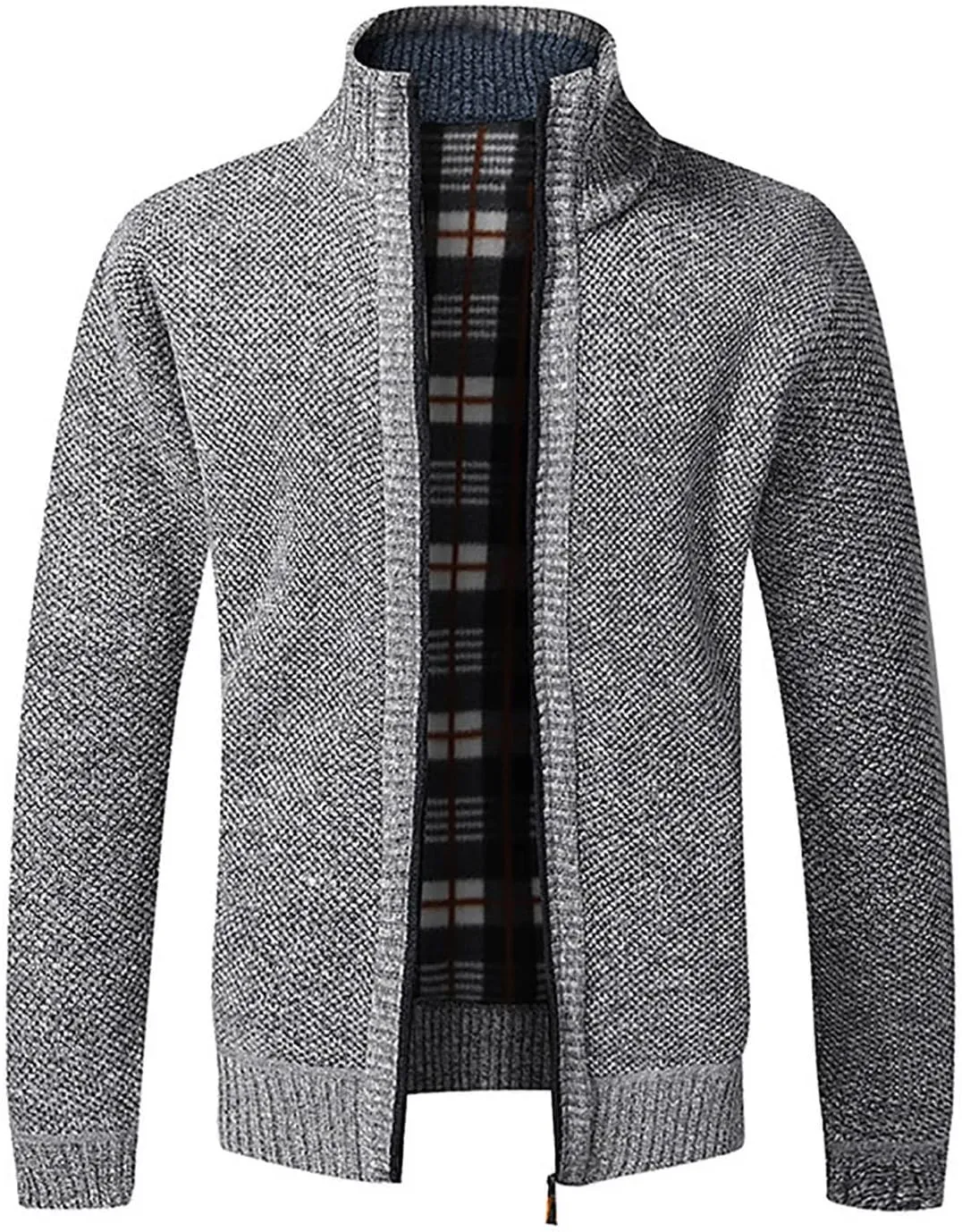 Mens Sweater Cardigan Zip Up Cable Knit Stand Collar Sweater Coat Regular Fit Fleece Lined Winter Warm Knitwear