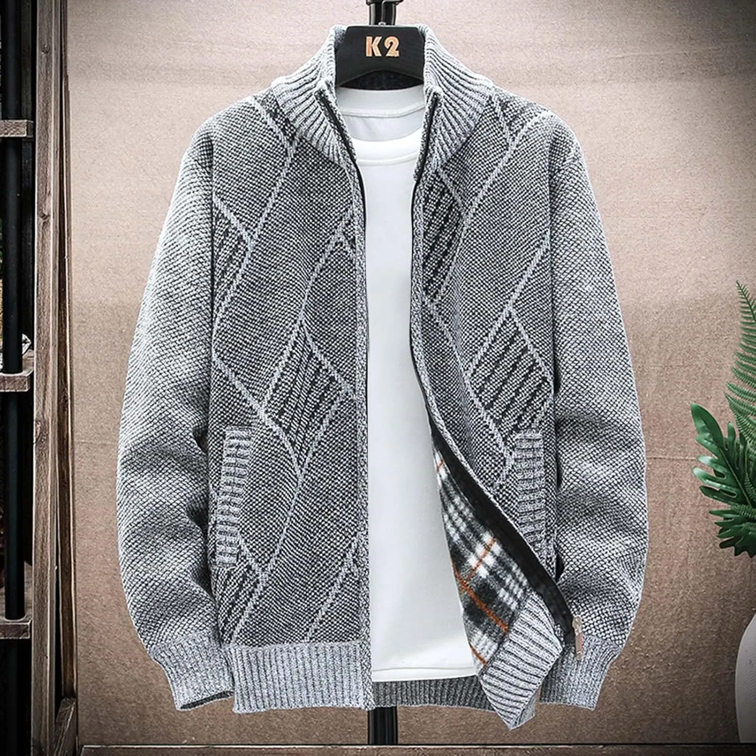Mens Sweater Jackets Casual Stand Collar Knitted Sweater Cardigan Lightweight Fleece Lined Full Zip Knitwear Coat
