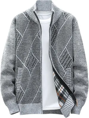 Mens Sweater Jackets Casual Stand Collar Knitted Sweater Cardigan Lightweight Fleece Lined Full Zip Knitwear Coat