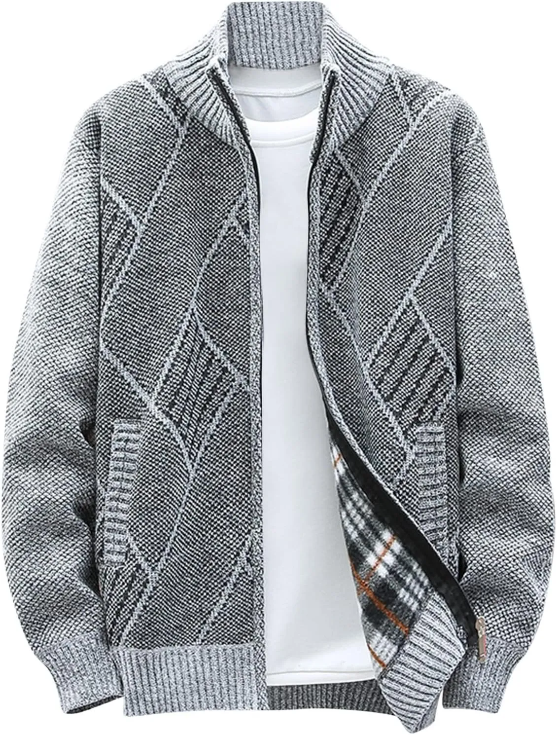 Mens Sweater Jackets Casual Stand Collar Knitted Sweater Cardigan Lightweight Fleece Lined Full Zip Knitwear Coat