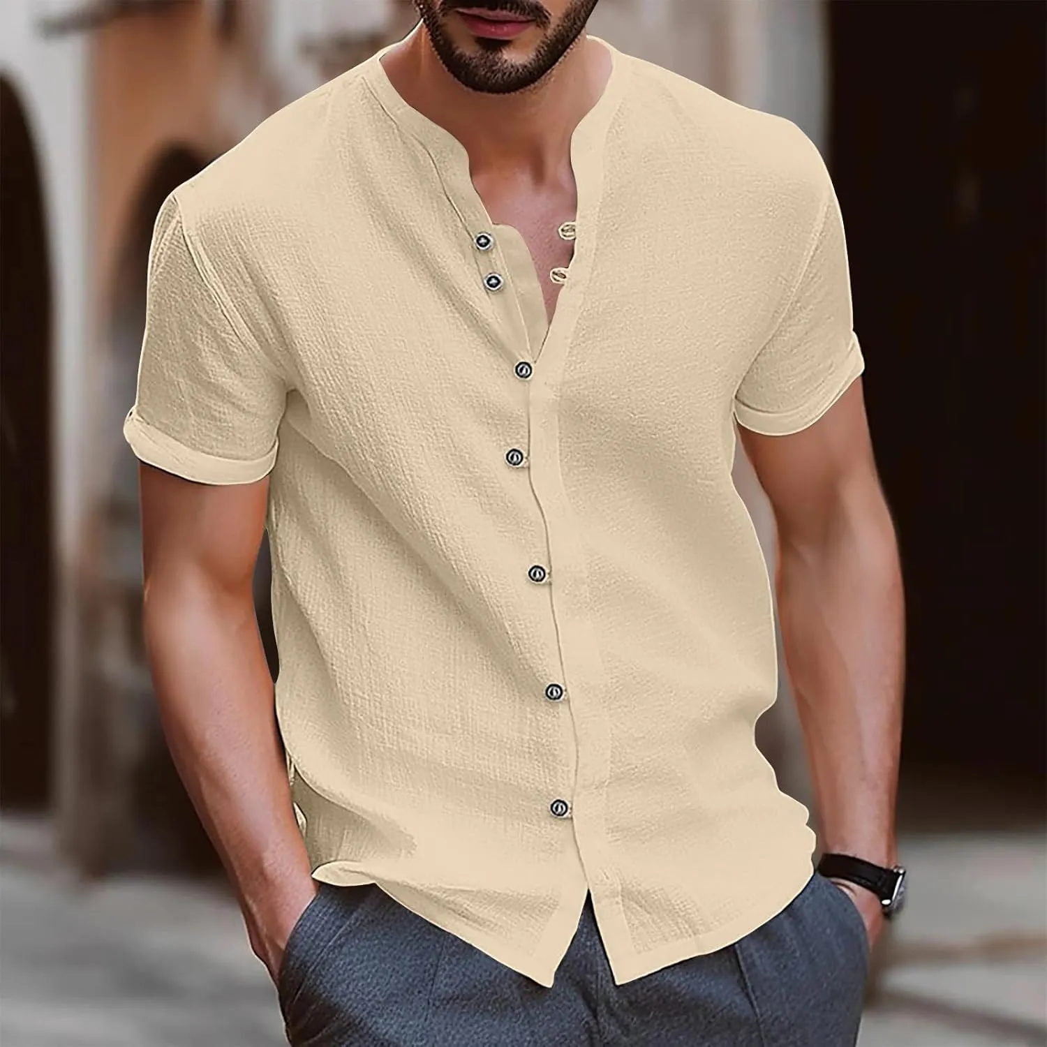 Men's T-Shirts Cotton Linen Short Sleeve Button Down Shirt Summer Loose Fit Solid Business Casual Shirts Beach Shirt
