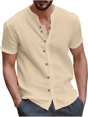 Men's T-Shirts Cotton Linen Short Sleeve Button Down Shirt Summer Loose Fit Solid Business Casual Shirts Beach Shirt