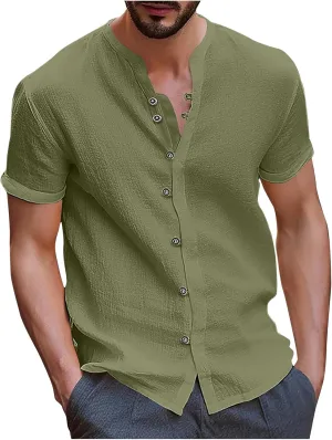 Men's T-Shirts Cotton Linen Short Sleeve Button Down Shirt Summer Loose Fit Solid Business Casual Shirts Beach Shirt