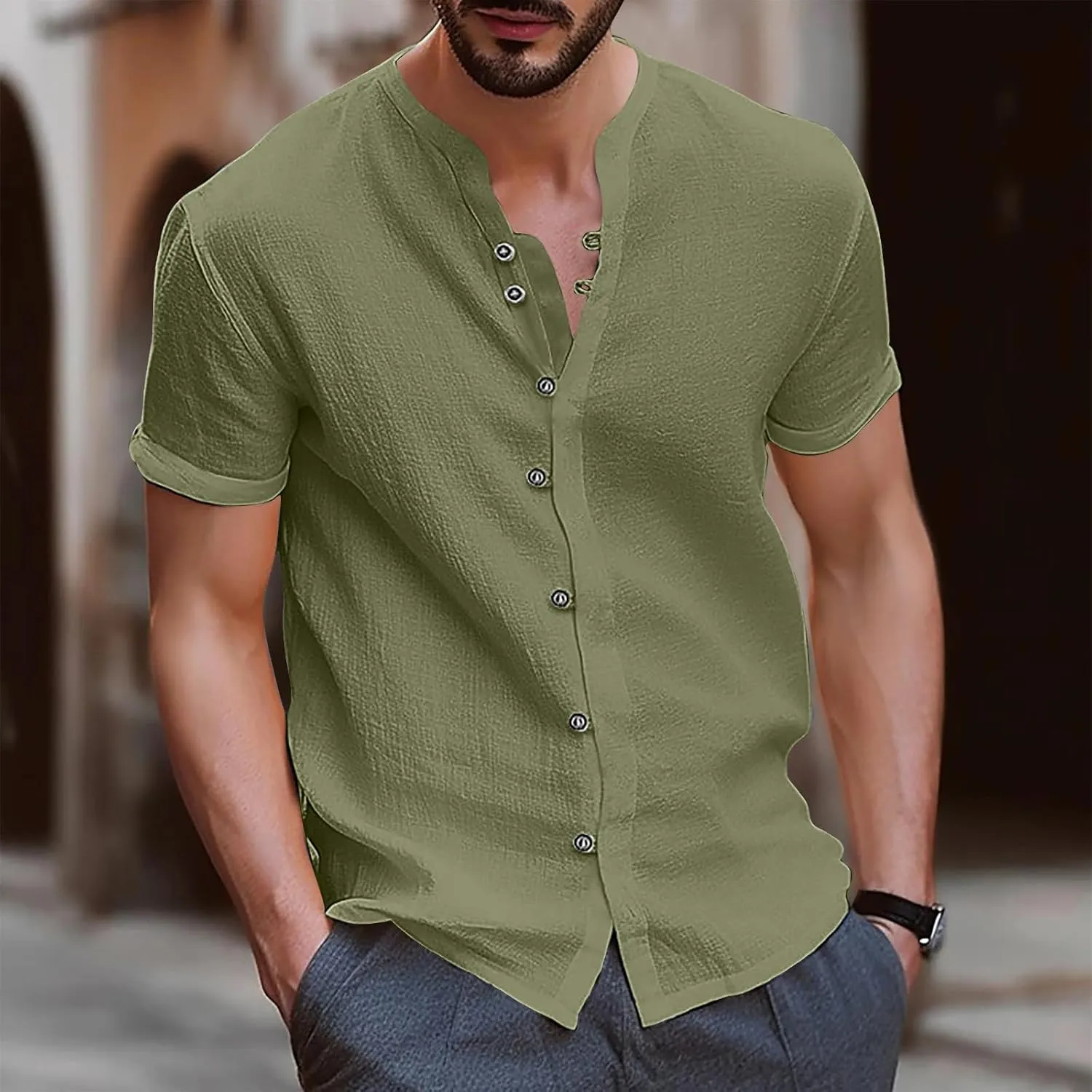 Men's T-Shirts Cotton Linen Short Sleeve Button Down Shirt Summer Loose Fit Solid Business Casual Shirts Beach Shirt