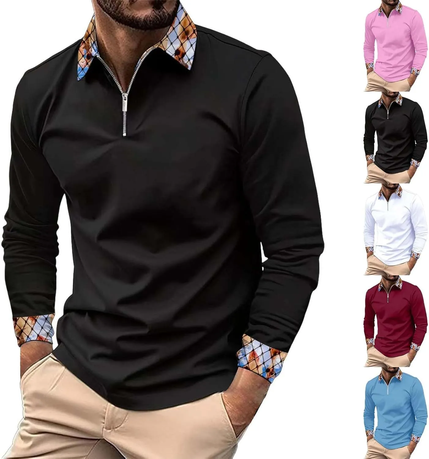Men's T-Shirts Spring and Autumn Casual Long Sleeve Button Solid Color Long Sleeve T Stain Guard Polo Shirts for Men